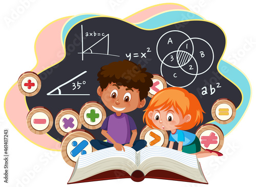 Children learning math with math symbol and icon