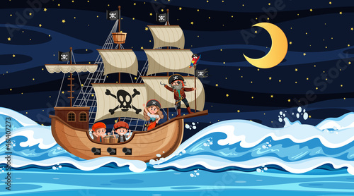 Ocean with Pirate ship at night scene in cartoon style