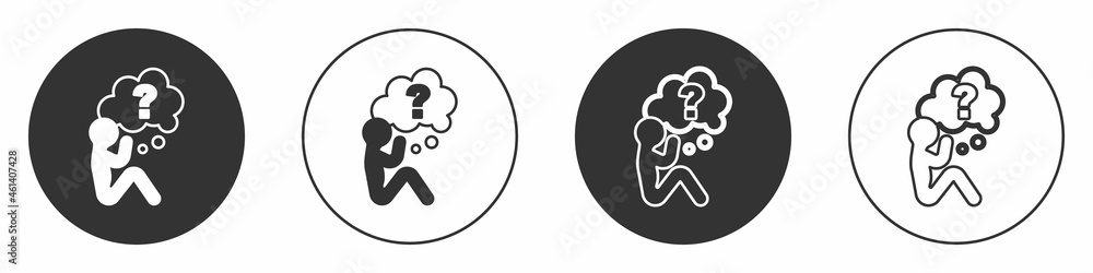Black Human head with question mark icon isolated on white background. Circle button. Vector Black Human head with question mark icon isolated on white background. Circle button. Vector