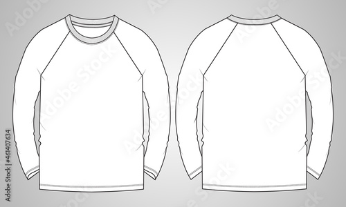 Long sleeve Raglan T shirt overall technical fashion flat sketch vector Illustration template front and back views isolated on white background. Basic apparel Design Mock up for Men's. 