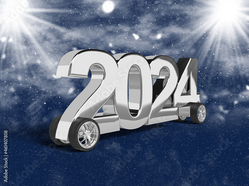 Silver number 2024 on wheels to celebrate the new year. photo