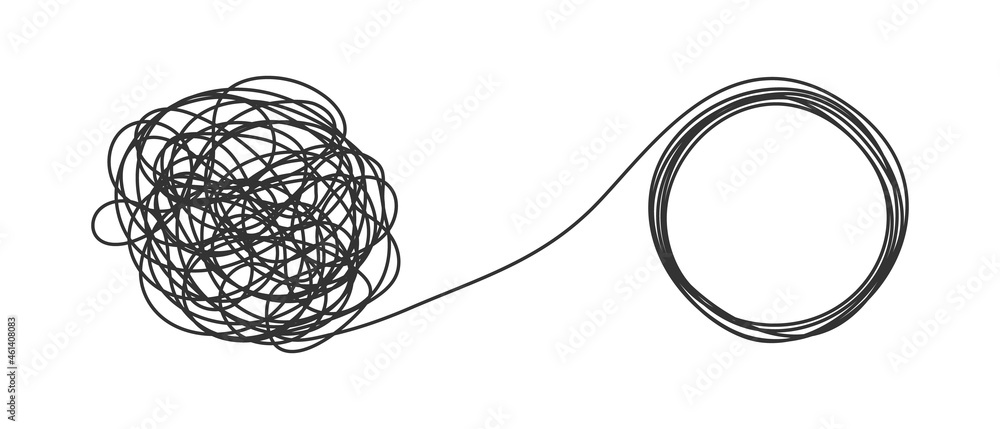 Chaos and order business concept flat style design vector illustration isolated on white background. Tangled disorder turns into circle order line, find solution. Coaching, mentoring or psychotherapy. - obrazy, fototapety, plakaty 
