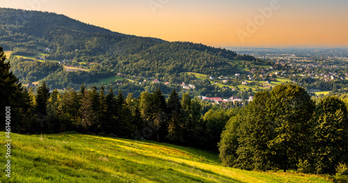 Fototapeta Naklejka Na Ścianę i Meble -  Panoramic view of northern slope of Little Beskids in of Beskidy Mountains with Targanice Village near Andrychow town in Lesser Poland