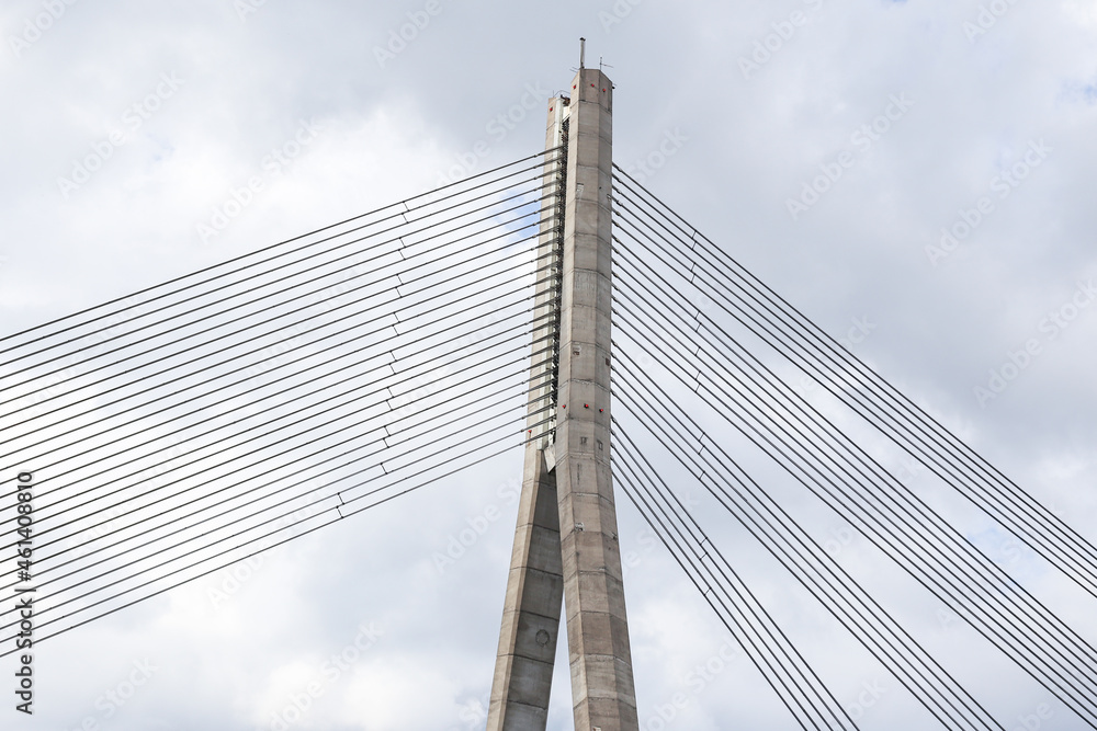 Close details of old large suspension bridge. Close details of old large suspension bridge.