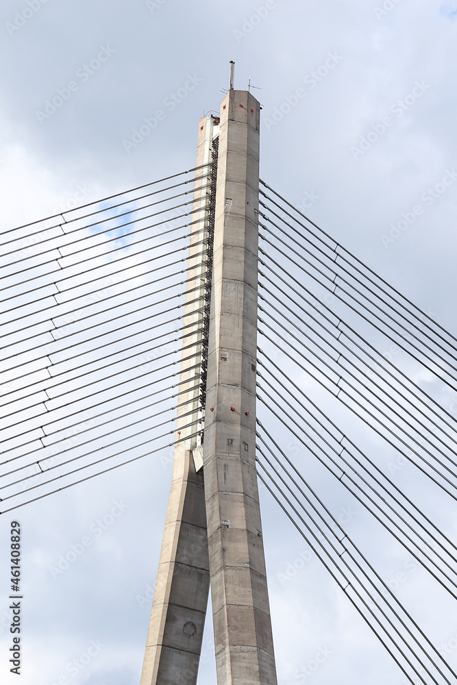 Close details of old large suspension bridge.