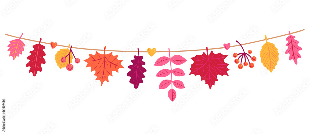 Beautiful autumn leaves hanging on a string. Colorful seasonal garland with maple and oak leaves. Fall Season horizontal template for banner, poster, card. Hand drawn illustration isolated on a white. Beautiful autumn leaves hanging on a string. Colorful seasonal garland with maple and oak leaves. Fall Season horizontal template for banner, poster, card. Hand drawn illustration isolated on a white.