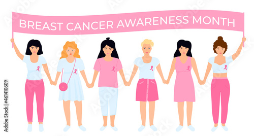 National Breast Cancer Awareness Month. A group of women with a pink ribbons