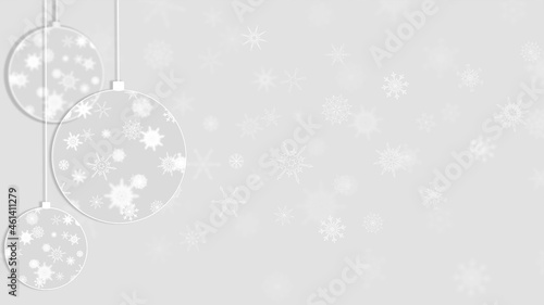 Banner with white balls with snowflakes on a light gray background. Place to add text. Christmas or New Year pattern.