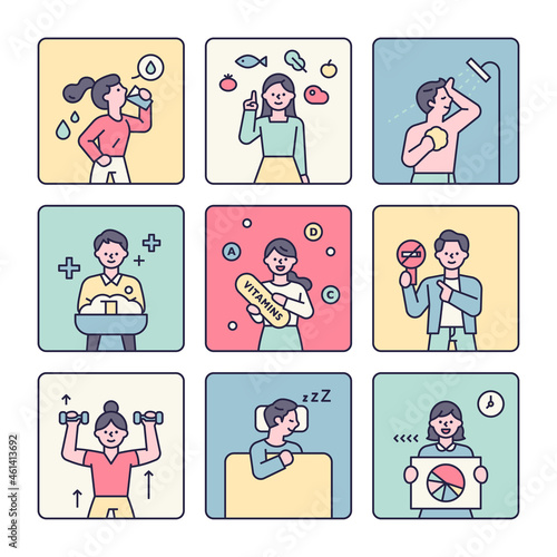 People showing tips to boost immunity. infographic character. flat design style vector illustration.
