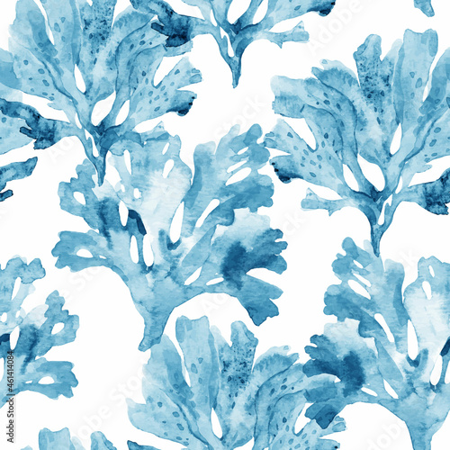 Beautiful vector seamless underwater pattern with watercolor sea life coral shell and starfish. Stock illustration.