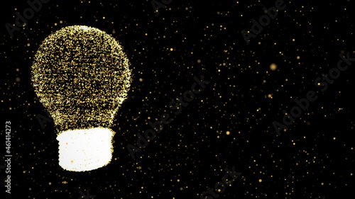 Illustration of yellow lightbulb with dots on dark background with gold bokeh. Future technology, innovation background, creative idea concept. 3d rendering.