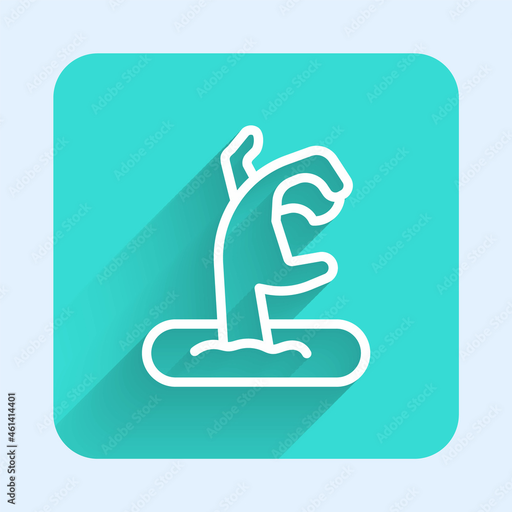 White line Zombie hand icon isolated with long shadow. Arm monster dead. Happy Halloween party. Green square button. Vector White line Zombie hand icon isolated with long shadow. Arm monster dead. Happy Halloween party. Green square button. Vector