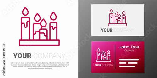 Logotype line Burning candle icon isolated on white background. Cylindrical aromatic candle stick with burning flame. Happy Halloween party. Logo design template element. Vector