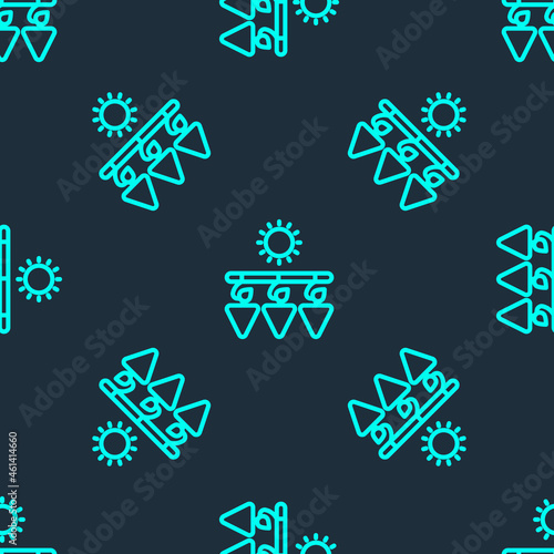 Green line Drying grapes icon isolated seamless pattern on blue background. Dried grapes. Vector