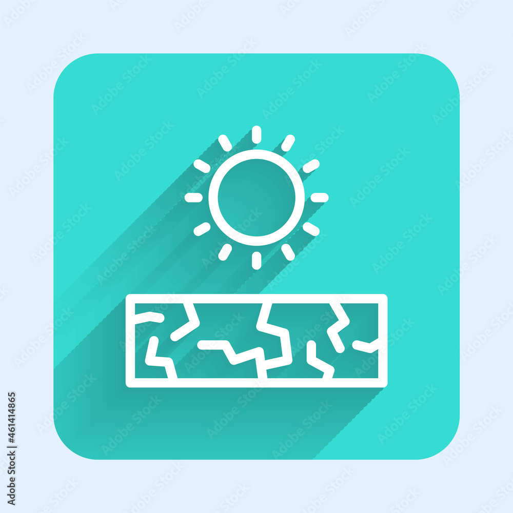 White line Drought icon isolated with long shadow background. Green square button. Vector White line Drought icon isolated with long shadow background. Green square button. Vector