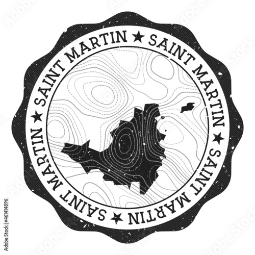 Saint Martin outdoor stamp. Round sticker with a map of the island featuring topographic isolines. Vector illustration. Can be used as an insignia, logotype, label, sticker, or badge of Saint Martin.