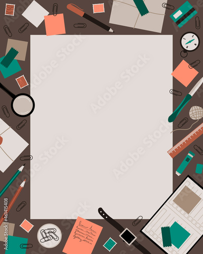 The lining, frame of the male desktop. Letters, diary, office, compass, wrist watch are scattered on the table. Design for detective stories. Flat vector illustration.