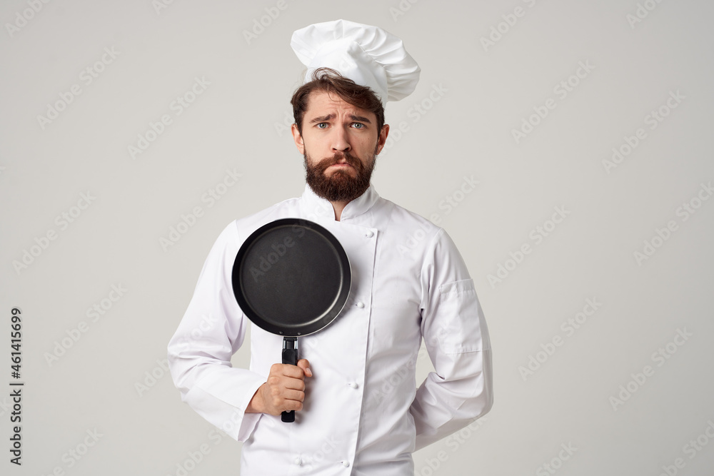 bearded man chef pan cooking kitchen isolated background bearded man chef pan cooking kitchen isolated background