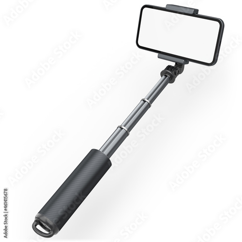 Realistic smartphone with blank white screen and selfie stick isolated on white photo