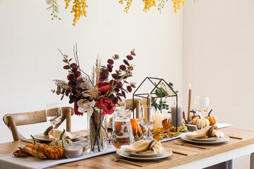 Beautiful table setting for Thanksgiving Day dinner at home