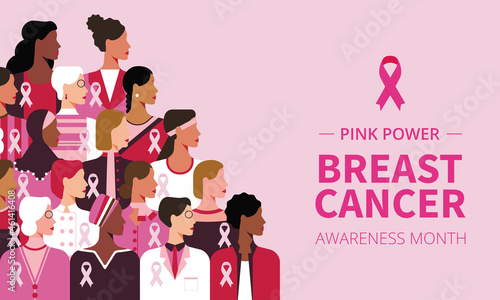 Pink October campaign web banner. Breast cancer awareness month. Cancer prevention and women support vector medical illustration. Group of women of diverse age, ethnicity and occupation wearing pink s