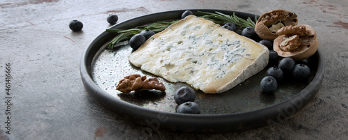 Photos ceramic dish with gorgonzola cheese, rosemary and blueberries on the table