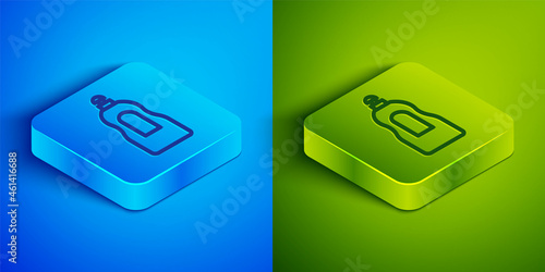 Isometric line Dishwashing liquid bottle icon isolated on blue and green background. Liquid detergent for washing dishes. Square button. Vector