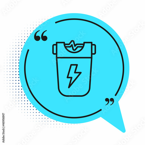 Black line Police electric shocker icon isolated on white background. Shocker for protection. Taser is an electric weapon. Blue speech bubble symbol. Vector