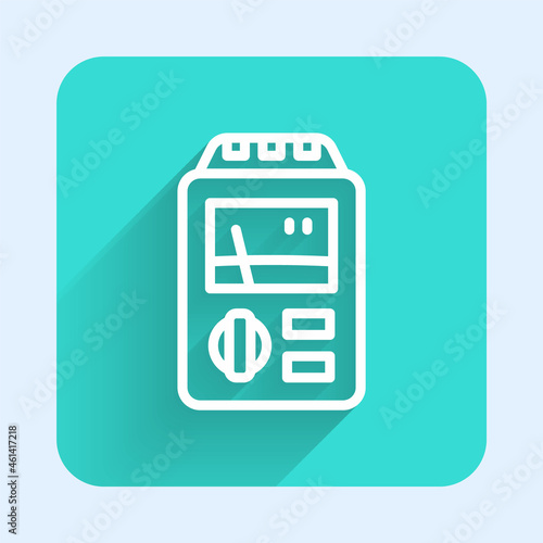 White line Dosimeter for measuring radiation icon isolated with long shadow background. Gamma radiation personal dosimeter. Green square button. Vector