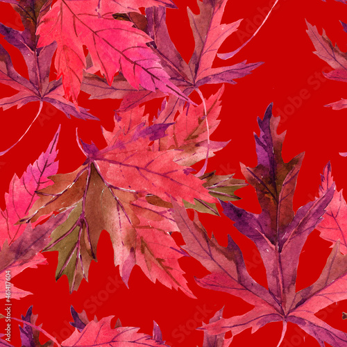Autumn maple leaves watercolor on red background seamless pattern for all prints.