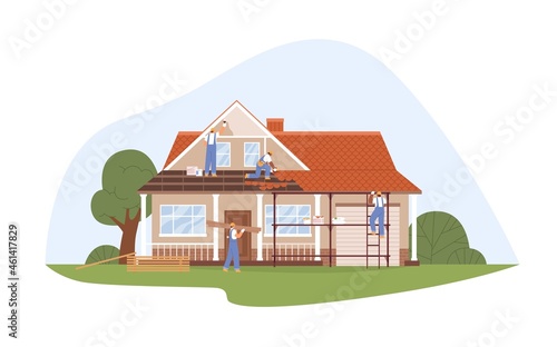Builders work at house renovation. Workers repairing building facade. People putting roof tiles, painting wall outside home. Restoration process. Flat vector illustration isolated on white background