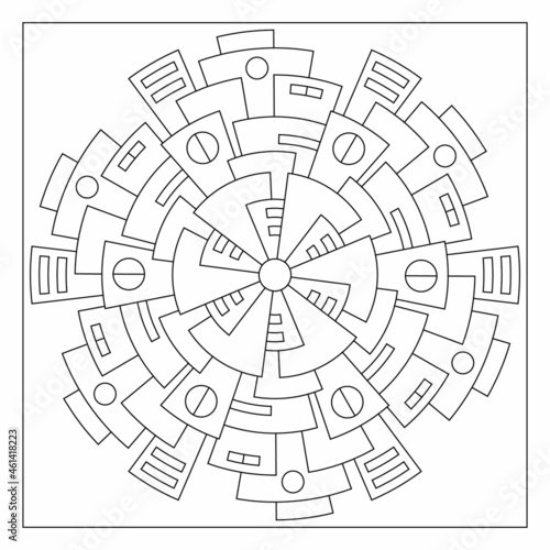 Simple Mandala Designs to color. Easy coloring pages for seniors. Hexagonal drawing from 6 fold rotational symmetry of various shapes. Tile pattern in EPS8 file. #331