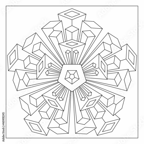 Simple Mandala Designs to color. Easy coloring pages for seniors. Pentagonal star drawing from 5 fold rotational symmetry of rectangular 3D shapes. Tile pattern in EPS8 file. #329