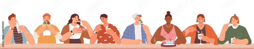 People eating desserts. Banner with men and women enjoying sugar food at table, tasting delicious cakes and ice cream. Sweet teeth border on white background. Colored flat graphic vector illustration People eating desserts. Banner with men and women enjoying sugar food at table, tasting delicious cakes and ice cream. Sweet teeth border on white background. Colored flat graphic vector illustration