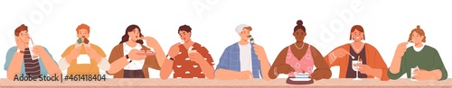 People eating desserts. Banner with men and women enjoying sugar food at table, tasting delicious cakes and ice cream. Sweet teeth border on white background. Colored flat graphic vector illustration
