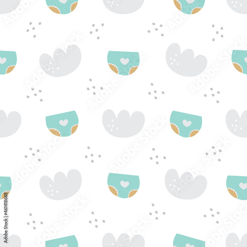 Seamless pattern for baby shower boy. Diapers, panties and clouds, cute simple baby background. Vector illustration for clothing, printing on paper, on fabric, postcards, design.