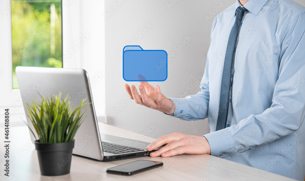 Hand hold folder icon.Document Management System or DMS setup by IT consultant with modern computer are searching managing information and corporate files.Business processing Hand hold folder icon.Document Management System or DMS setup by IT consultant with modern computer are searching managing information and corporate files.Business processing