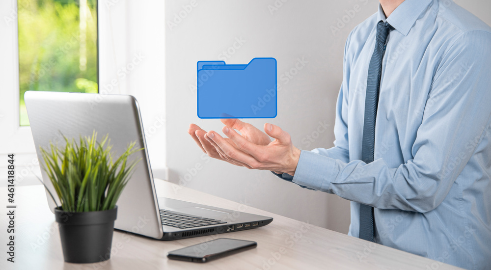Businessman hold folder icon.Document Management System or DMS setup by IT consultant with modern computer are searching managing information and corporate files.Business processing, Businessman hold folder icon.Document Management System or DMS setup by IT consultant with modern computer are searching managing information and corporate files.Business processing,