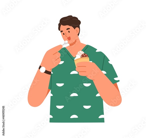 Happy man eating sweet ice cream, tasting it with spoon. Person enjoying icecream balls in waffle glass. Guy with tasty dessert, sugar food. Flat vector illustration isolated on white background