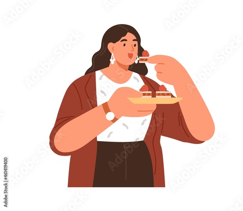 Happy woman eating sugar dessert, standing with plate of sweet pastries. Person enjoying tasty fat and high-calorie unhealthy food with pleasure. Flat vector illustration isolated on white background