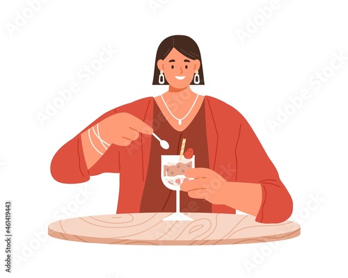 Happy woman eating tasty sugar dessert with pleasure. Smiling person tasting and enjoying delicious sweet food in glass, sitting at table. Flat vector illustration isolated on white background