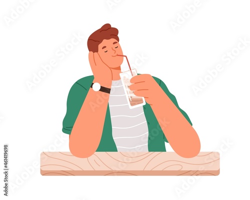 Man enjoying cold sweet drink. Happy person drinking sugar beverage, cocktail from glass, sipping it with straw, sitting at table. Colored flat vector illustration isolated on white background