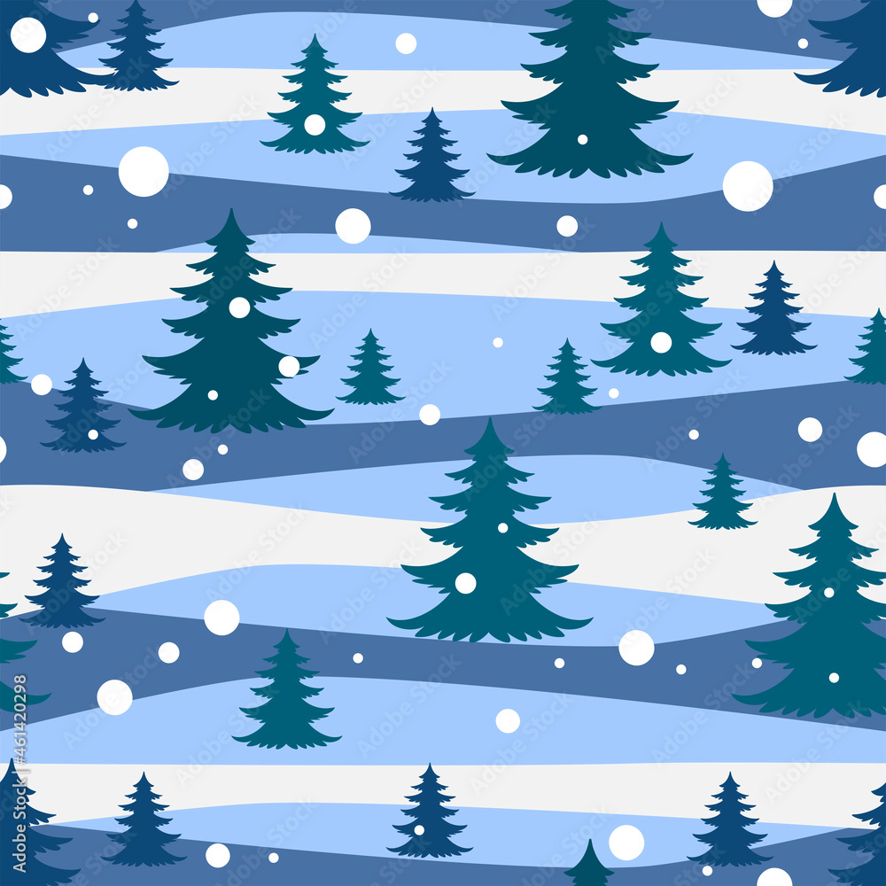 Seamless winter background with Christmas trees on the snow.