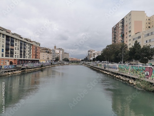 Málaga, Spain - February 27, 2021: View of River "Guadalmedina" in SOHO area in Malaga