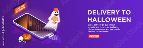 Isometric vector. Halloween delivery service banner. A telephone with a staircase to the basement. Ghost courier with a box in a cap, pumpkin lantern. Order a purchase in the online store