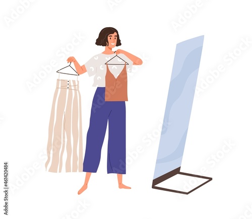 Woman in front of mirror deciding what to wear. Female choosing clothes, holding apparel on hangers, preparing to go out. Making choice about outfit. Flat vector illustration isolated on white
