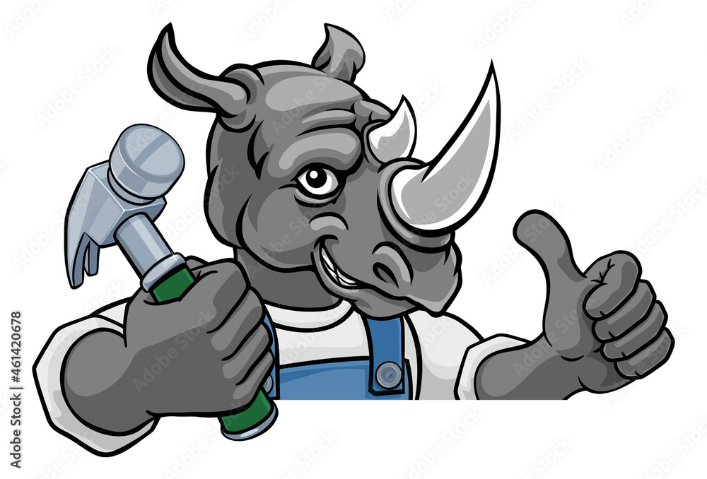 Fototapeta premium Rhino Carpenter Handyman Builder Holding Hammer