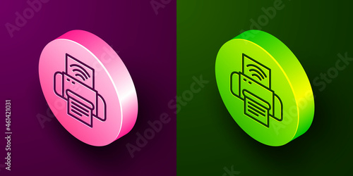 Isometric line Smart printer system icon isolated on purple and green background. Internet of things concept with wireless connection. Circle button. Vector