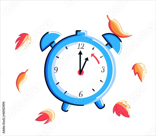Daylight saving time fall back concept. Cartoon clock  with red autumn leaves. Vector flat illustration