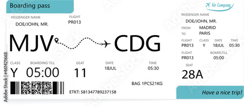 Airline boarding pass ticket isolated on white background.